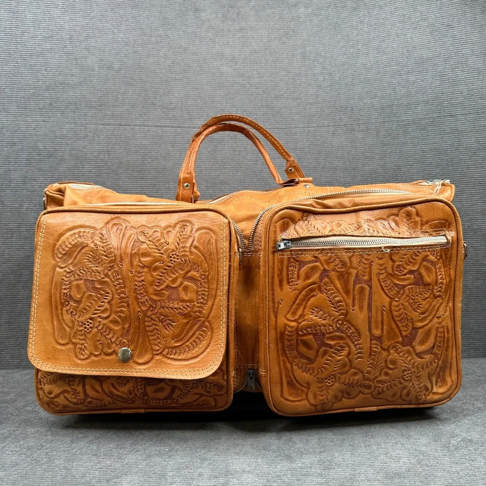 Vintage Hand Tooled Leather Duffel Bag Tan Floral Western Travel Weekender Bag